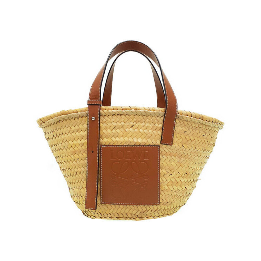 Loewe Paula Ibiza Basket Bag woven palm leaf calfskin leather anagram Tan